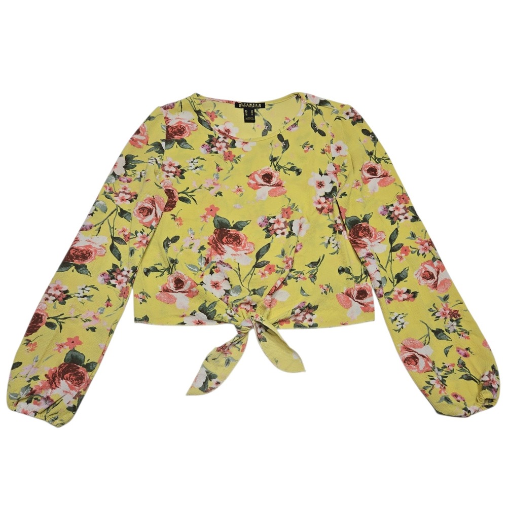 Revamped Floral Blouse Womens XS Yellow Front Tie Crop Top Boho Cottagecore Rose